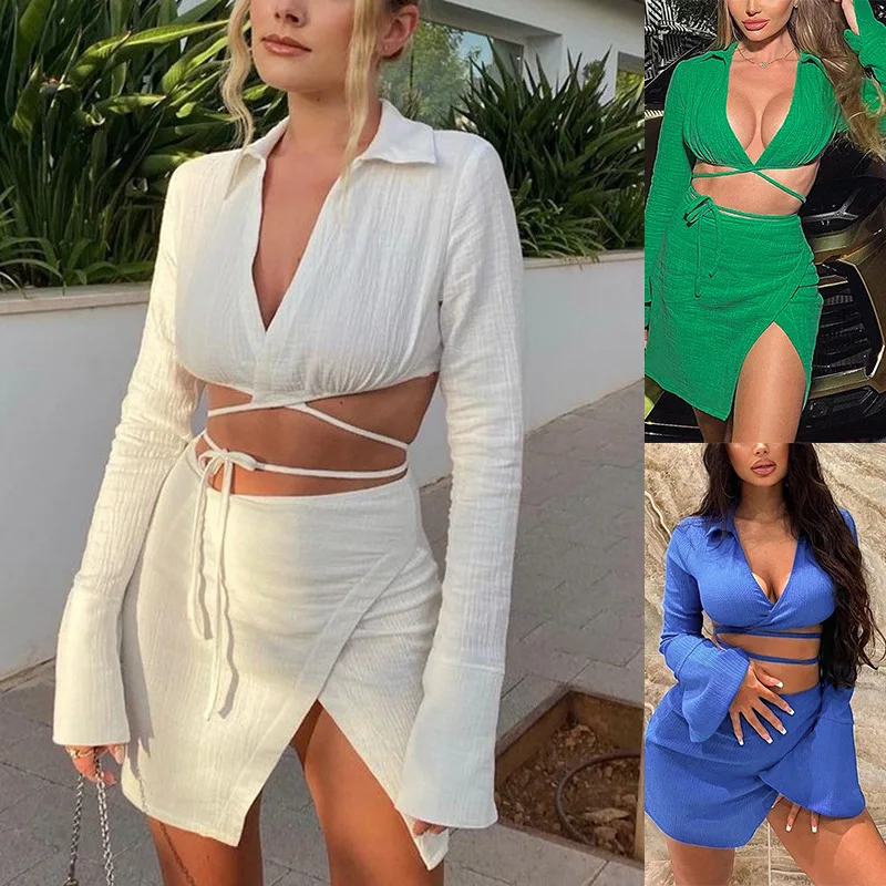 

Women's Two-piece Fashion V-neck Sexy Long-sleeved Mini Short Solid Color Top With High Waist Strap And Straight Skirt Two-piece