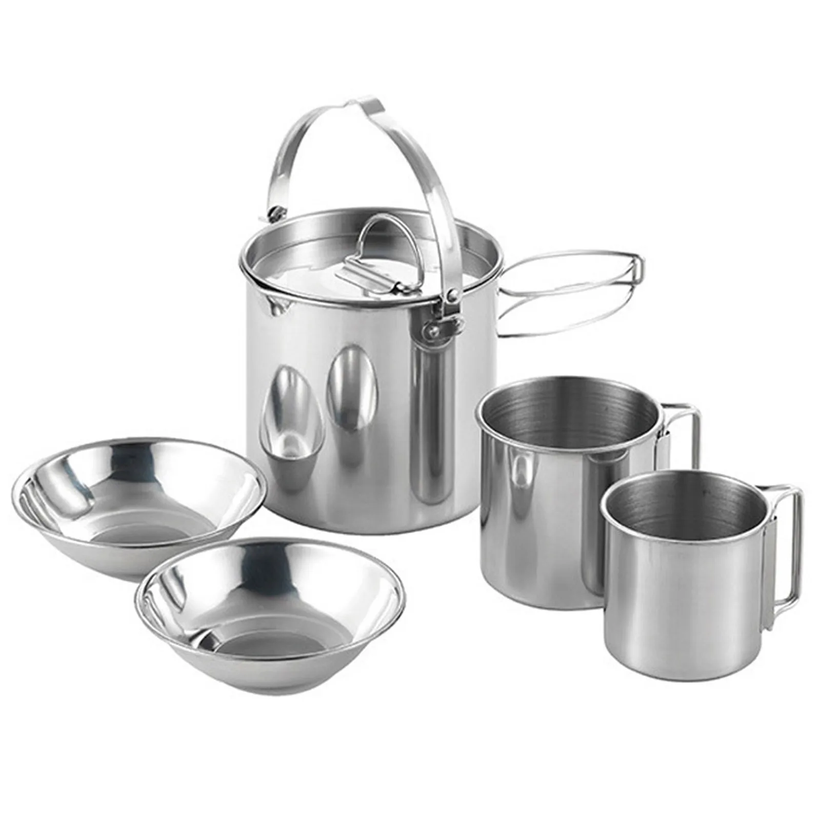 

5PCS Stainless Steel Kettle with 2 Cups 2 Bowls Foldable Handles Lid Large Capacity Portable Tea Coffee Water Cooking Pot