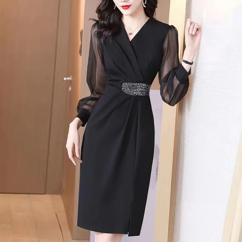 

Snacks sequins waist shirling see-through retail dress