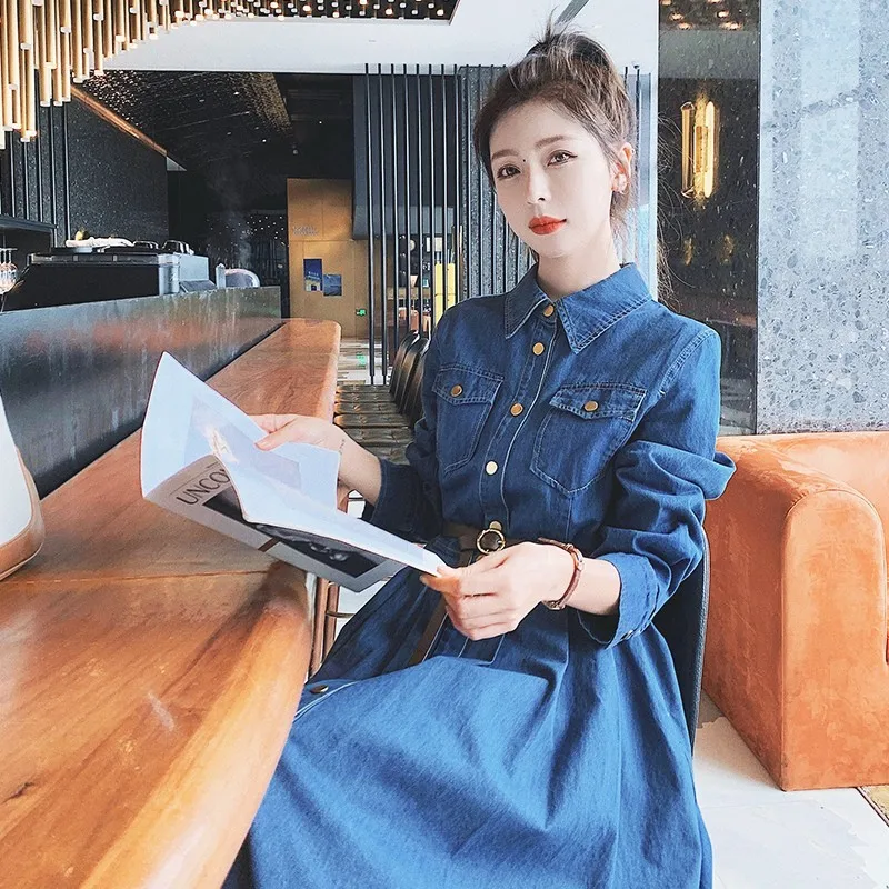 Hepburn Style Denim Dresses Women Autumn Blue Korean Version Slim Long-sleeved Shirt Dress Turn Down Collar Buttons Belt Clothes