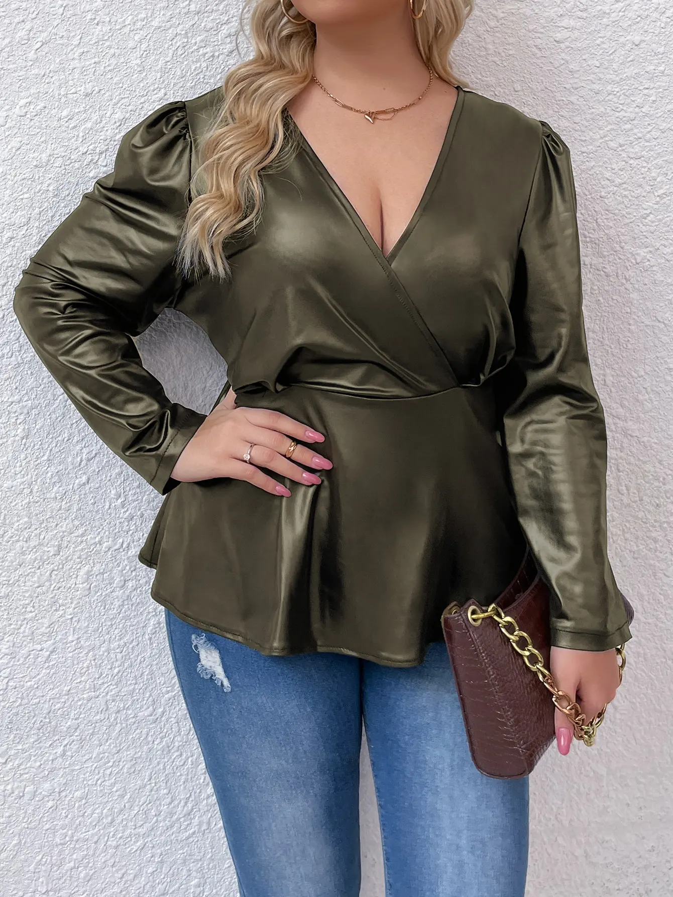 Leather PU Plus Size Peplum Tops Women 4xl Autumn 2022 Large Size Green Blouse Long Sleeve V Neck Vintage Elegant Solid T Shirts