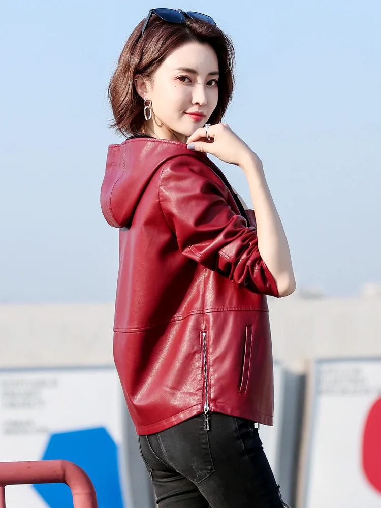 Autumn Famale Short Casual Sheepskin Coat 2022 Fashion New Hooded Genuine Leather Jacket Women Clothing Loose Zipper Outerwear