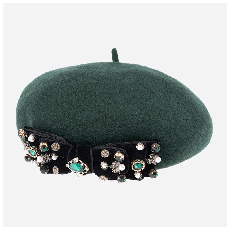 

202212-shi winter dropshipping design Colorful gemstone Baroque Ancient Palace bowknot wool lady beret hat women painter hat