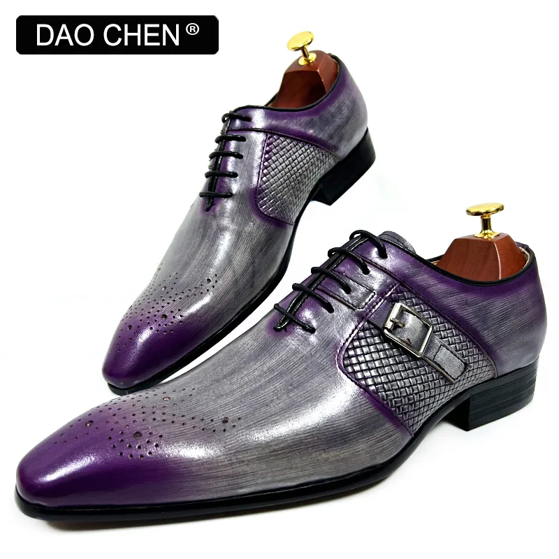 Lace Up Buckle Weav Print Black Purple Shoes Mens Dress Shoe