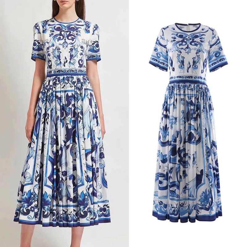 

Женское платье из шелка и атласа, винтажное платье большого размера с рисунком позиционирования, сине-белым фарфоровым круглым вырезом и сломанными складками, осень 2022