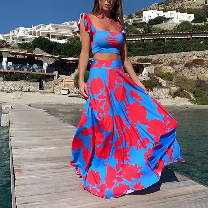 

Women Skirt Set Bohemian Printed Sleeveless Short Crop Top + Long Skirt Beach Boho Holiday Fashion Women's Clothing 2 Pieces Set