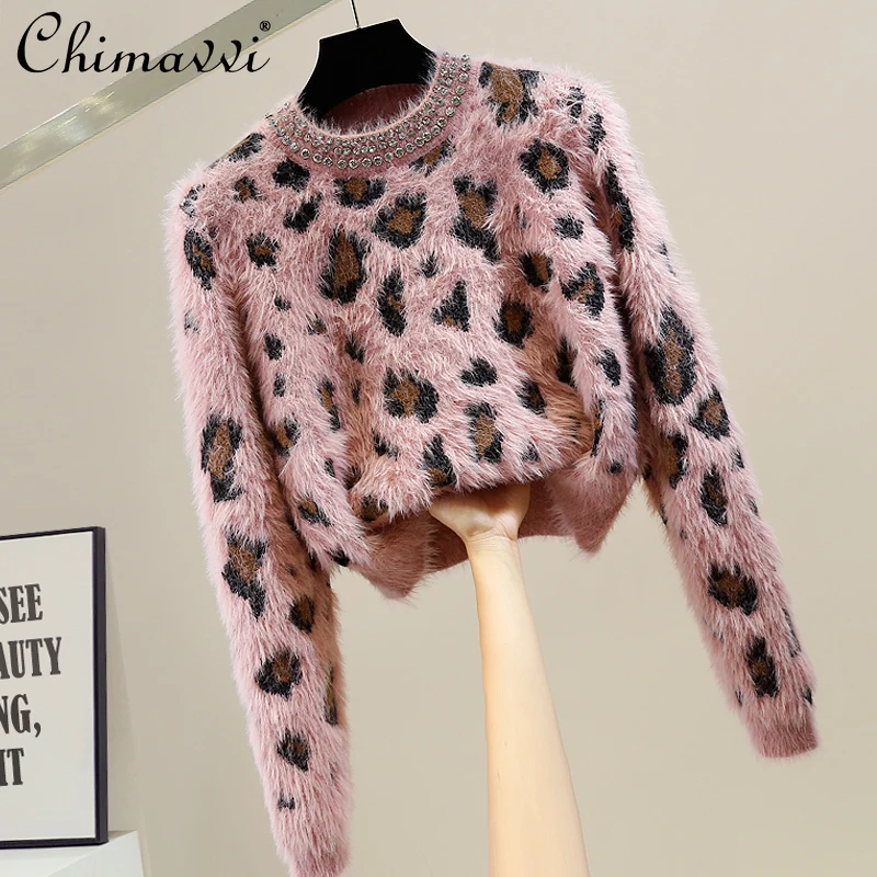 

Изысканный Стразы короткий свитер с леопардовым принтом с круглым вырезом Новинка Зима 2022 модный элегантный универсальный пуловер вязаный...