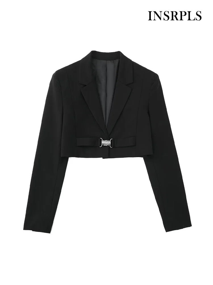 

INSRPLS Women Fashion With Belt Cropped Blazer Coat Vintage Long Sleeve Snap-button Female Outerwear Chic Vestes Femme