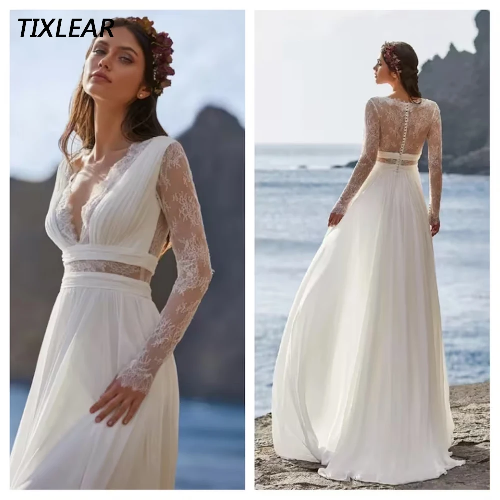 

TIXLEAR Elegant A-Line Wedding Dresses Beach V-Neck Long Sleeves Illusion Button Chiffon Bridal Gown Floor Length Vestidos New