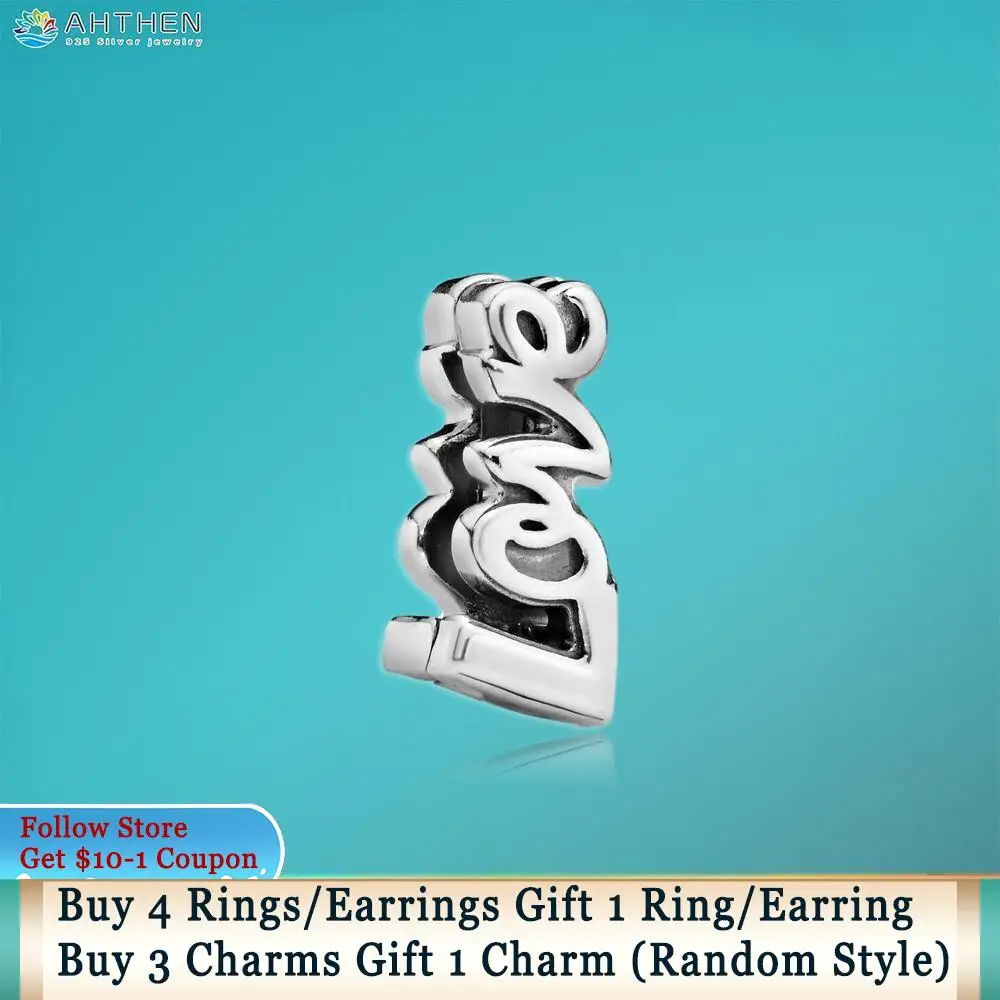 

Ahthen 925 Sterling Silver Bead Love Script Clip Charms fit Original Pandora Bracelets for Women Jewelry Making Girl Gift