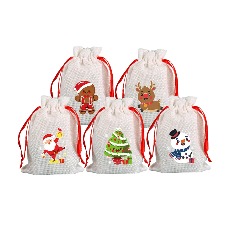 

10pcs/lot Jute Bags Drawstring Gift Packing Bag Santa Claus Elk Snowman Christmas Wedding Party Home Decor Burlap Linen Bag