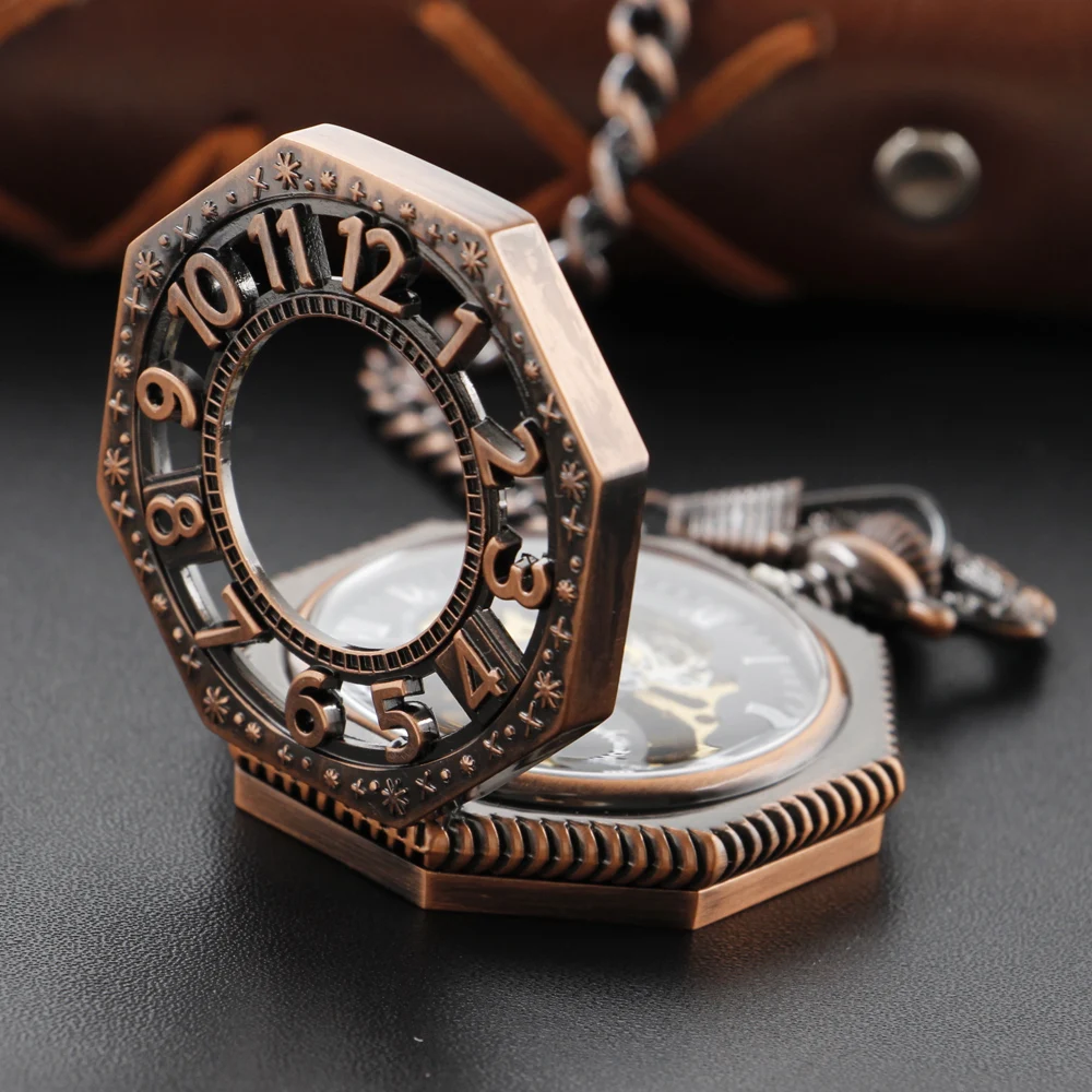 Red Antique Digital Hollow out Mechanical Pocket Watch High Quality Unisex Necklace Pendant Jewelry Gift for Men and Women