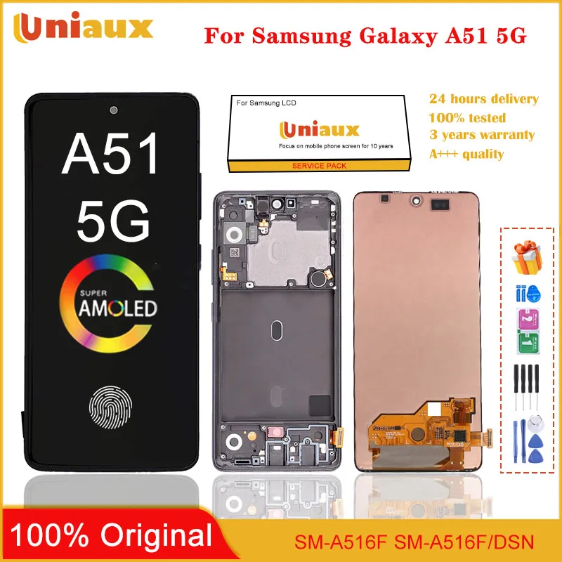 Оригинальный AMOLED дисплей 6,5 дюйма для Samsung Galaxy A51 5G A516, ЖК-дисплей с рамкой, сенсорный экран для Galaxy A51, детали для замены экрана