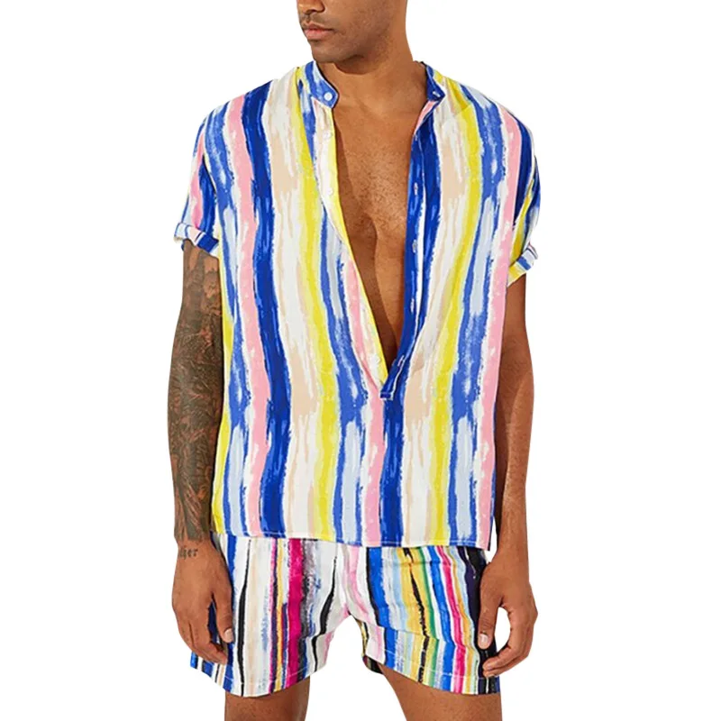 Mens Sets 2022 Summer Casual Men's Suit Striped Beach Two Piece Set Hip Hop Suit Trend Cropped Sweatshirt