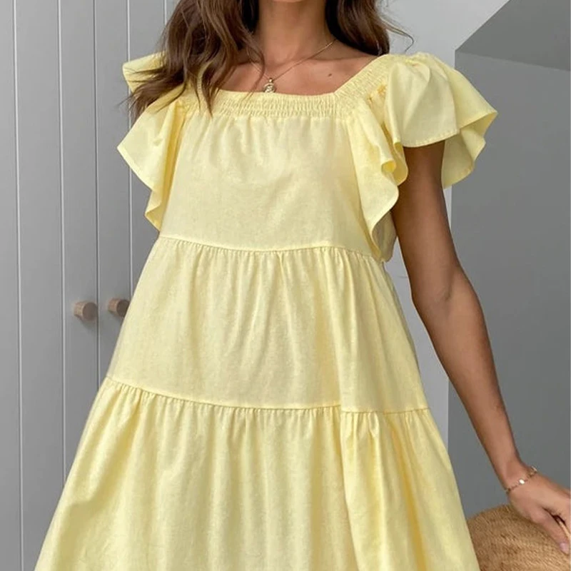 Элегантное повседневное однотонное платье с воротником-лодочкой и оборками, женское мини-платье А-силуэта с коротким рукавом для вечерние, ...