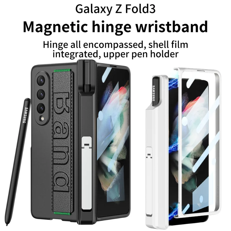 Luxury Case for Samsung Z Fold 3 Case with Elastic Wrist Band Shockproof Cover for Galaxy Z Fold3 Case with S Pen Slot