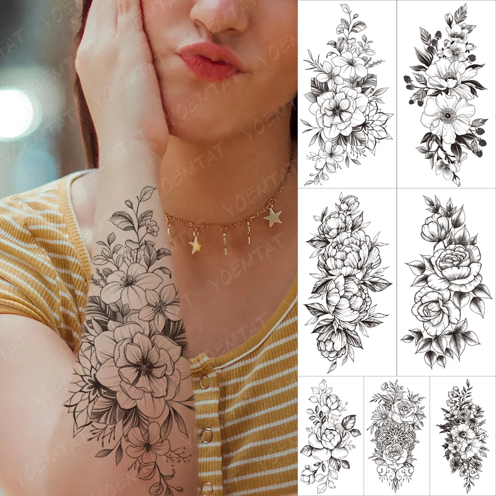 

Waterproof Temporary Tattoo Sticker Women Flowers Rose Peony Black Sleeve Tatto Body Art Fashion Sexy Arm Thigh Legs Fake Tatoo