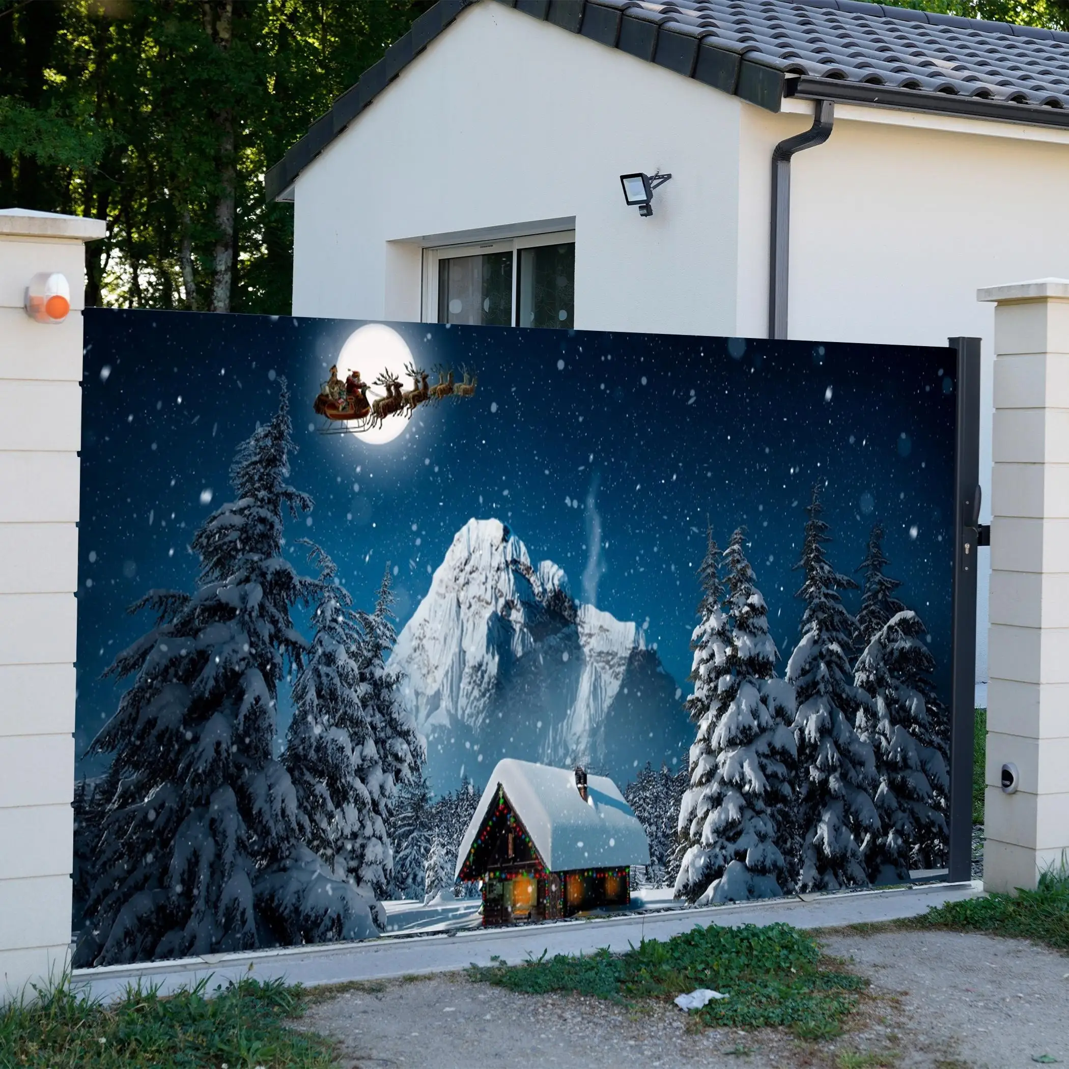 Гобелен для гаражных ворот Night Snow Scene — Зимняя страна чудес со снежной горой, сосной и лунным небом — сверхмощный (art.: 3920d369bb312) - 3920d369bb312