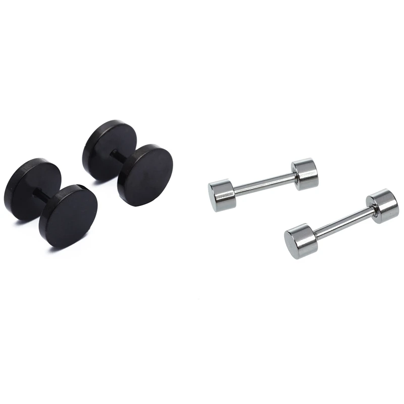 

2 Pair Of Men's Barbell Stainless Steel Ear Studs Earrings Black 10Mm & 3Mm Silver Color