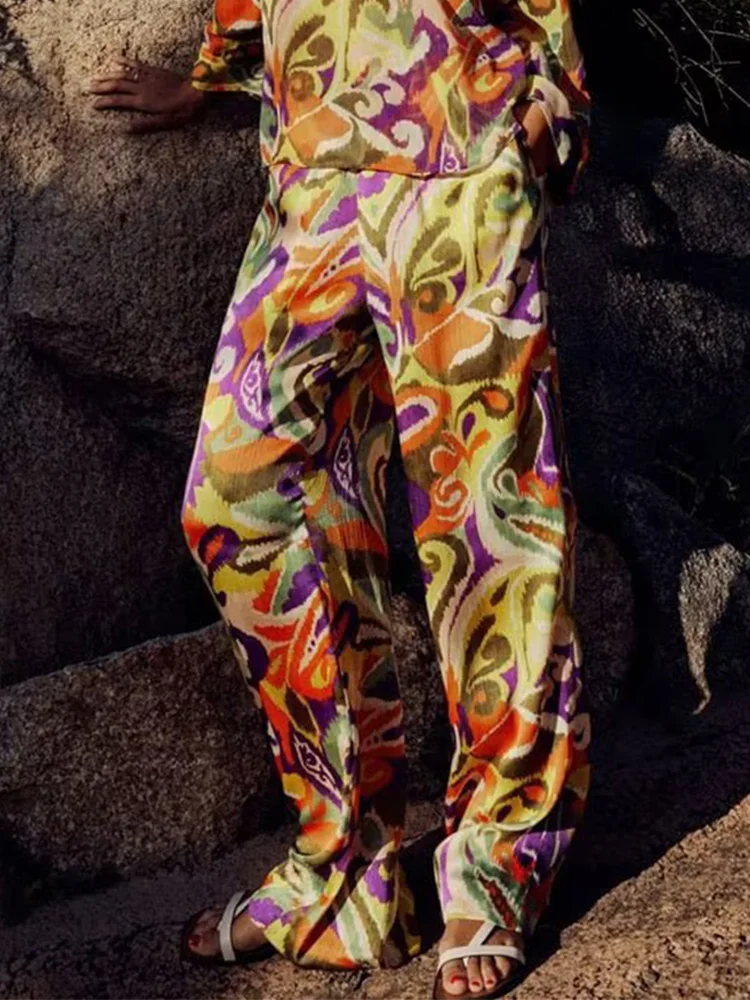 

2023 Women Summer Straight Pants Vintage Print Elastic waist Pockets Female Elegant Street Pant Trousers Clothing