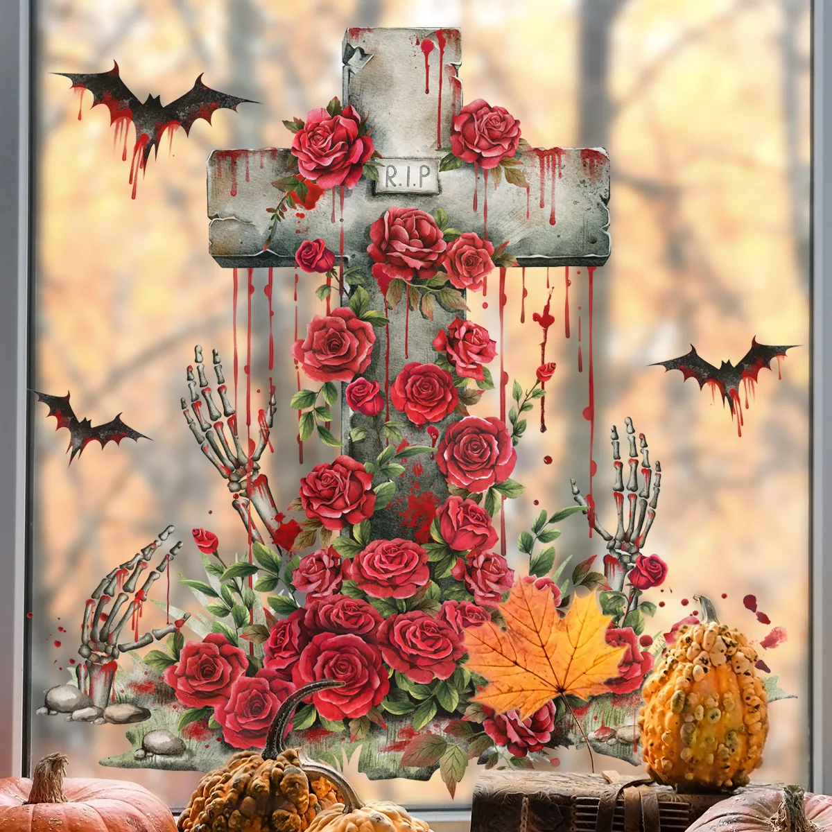 Наклейка на окно Красная роза с надписью летучая мышь