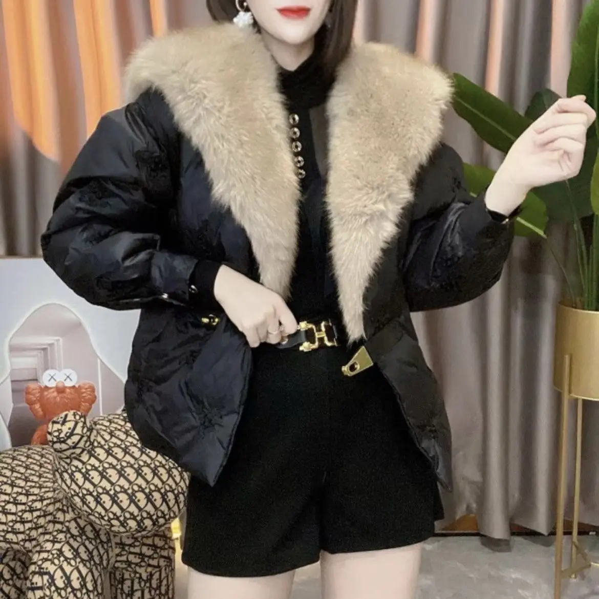 

Женская хлопковая куртка с большим шерстяным воротником, короткая утепленная куртка с шипами, Осень-зима 2023