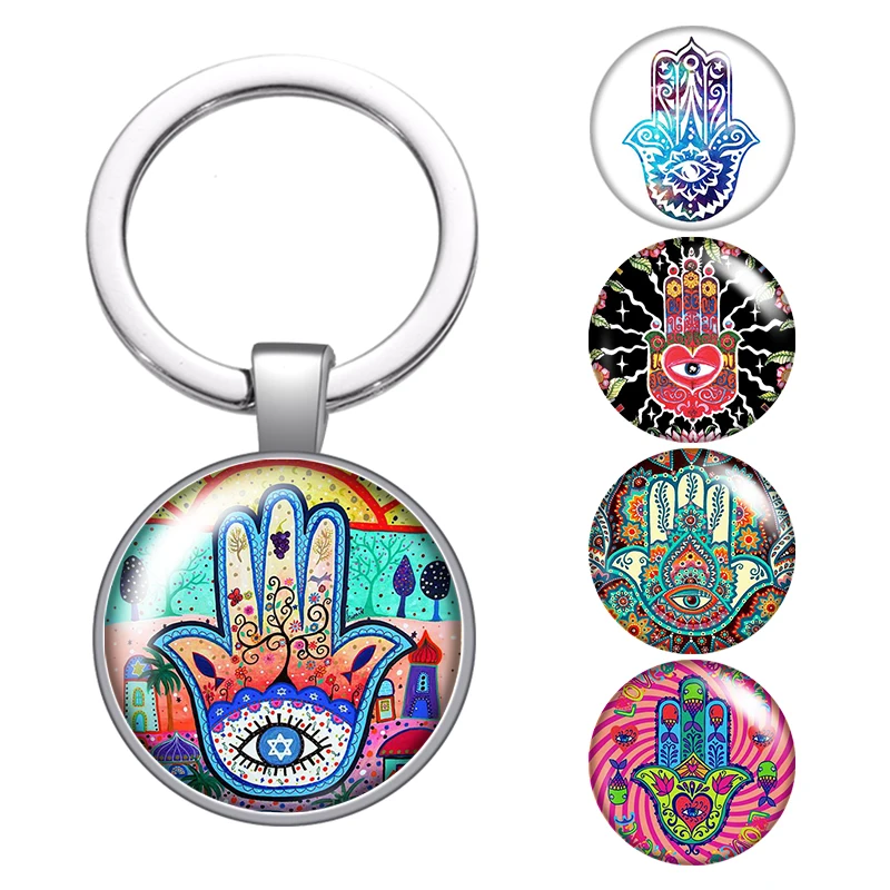 

LE Evil Eye Hand Pattern Fashion Glass Cabochon Keychain Bag Car Key Chain Ring Holder Silver Color Keychains For Men Womens