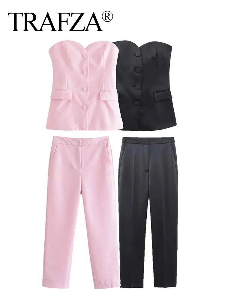 

TRAFZA Women's Summer Fashion Tube Top Halter Top Suit High Waist Concealed Buckle Front Zipper Women's Wide-leg Casual Trousers
