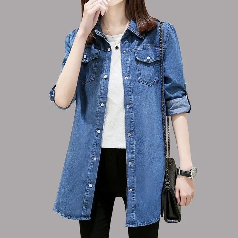 

Women Blouse Denim Long Sleeve Shirts Spring Clothes Single-breasted Solid Blue Lapel Jeans Shirt Blusas Mujer De Moda E446