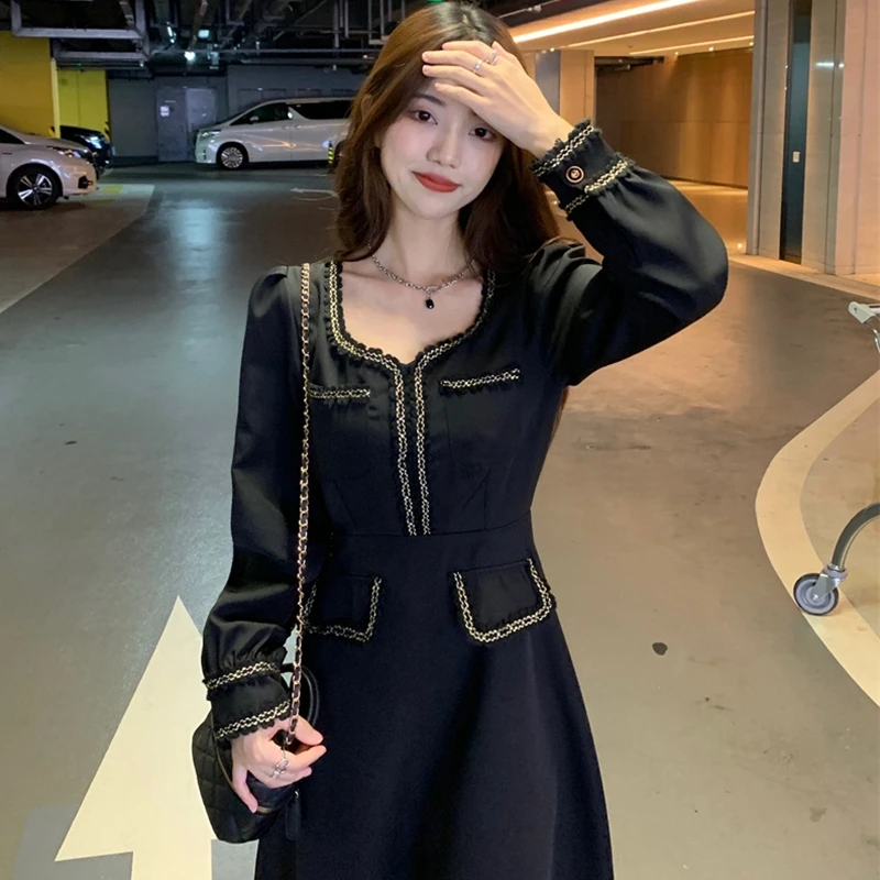 

Женское платье в стиле пэчворк, повседневное черное платье в Корейском стиле с высокой талией и V-образным вырезом, модная одежда трапециеви...