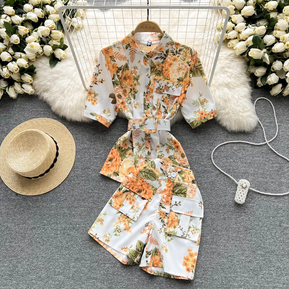 

Spring Summer New Fashion Lapel Print Short Sleeved Shirt + High Waist Wide Leg Shorts Two-piece Sets G043