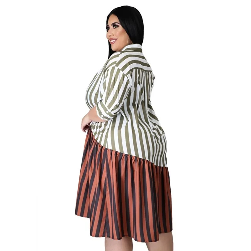 Plus Size Clothing for Women Dress Wholesale Fashion Streetwear Patchwork Striped Office Lady Shirts Midi Dre 3xl 4xl 5xl 6xl
