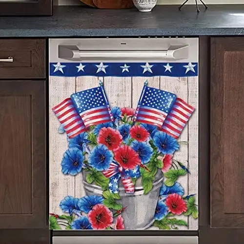 

WOWFEEL American Flag Morning Glory Dishwasher Sticker, USA Farmhouse Burlap Decor, Flower Home Cabinet Decals Appl