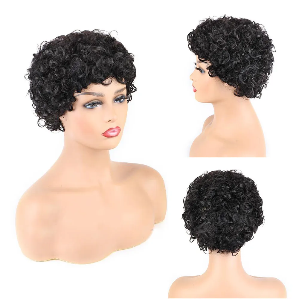 

Pixie Cut Wig Short Curly Human Hair Wigs for Women Full Machine Human Hair Wig Short Curly Hair Bob Wig with Bangs 150 Density