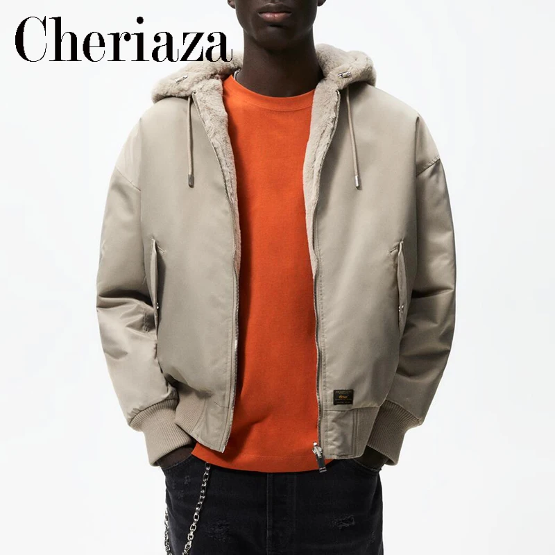 

Cheriaza Winter Men Tan Reversible Jacket Long Sleeves Hooded Casual Bomber Jackets Thicken Loose Outerwear Male Zipper Pocket