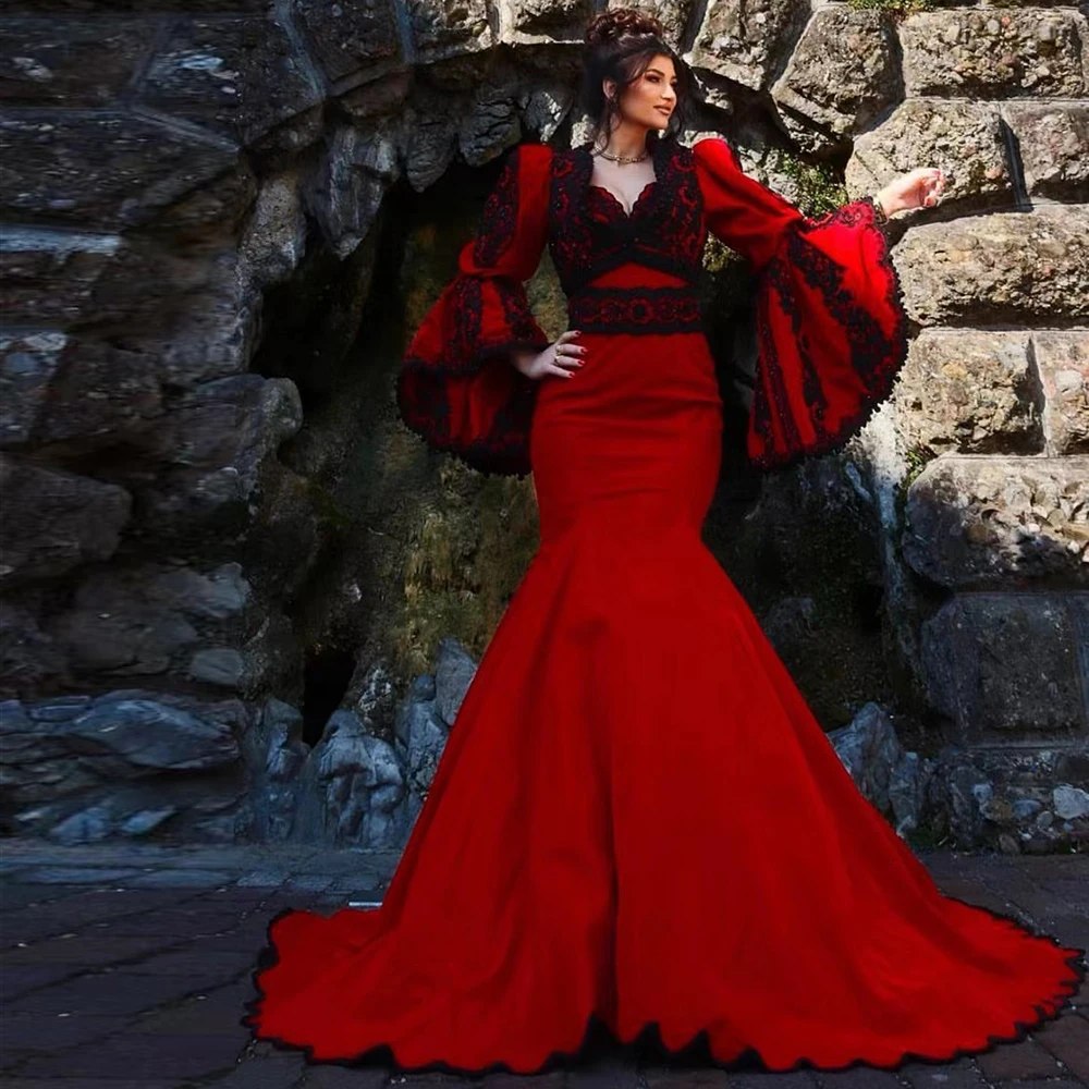 

Modest Traditional Kosovo Albanian Robes Red Evening Dresses Women Party Night 2023 Lace Prom Dress vestido De Fiesta De Boda