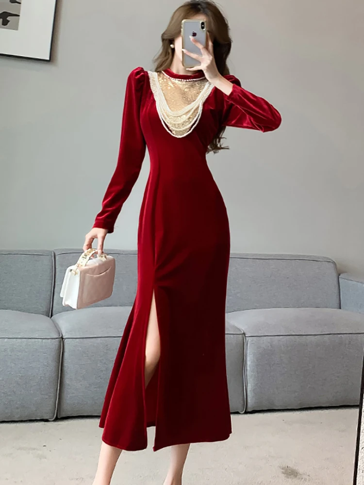 Женское красное бархатное лоскутное роскошное вечернее платье с бисером 2024