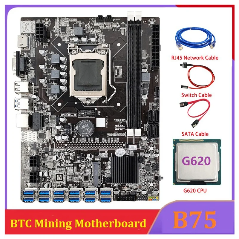 

Материнская плата B75 ETH для майнинга, материнская плата 12 PCIE к USB с процессором G620 + сетевой кабель RJ45, LGA1155, поддержка DDR3, B75, USB, Майнер BTC