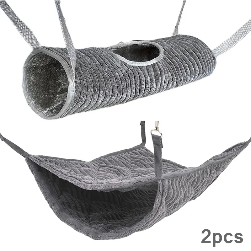2-Piece Set Hamster Hammock and Tunnel Small Animal Hanging Bed House Cage Nest for Mouse Chinchilla Rat Gerbil Hideout