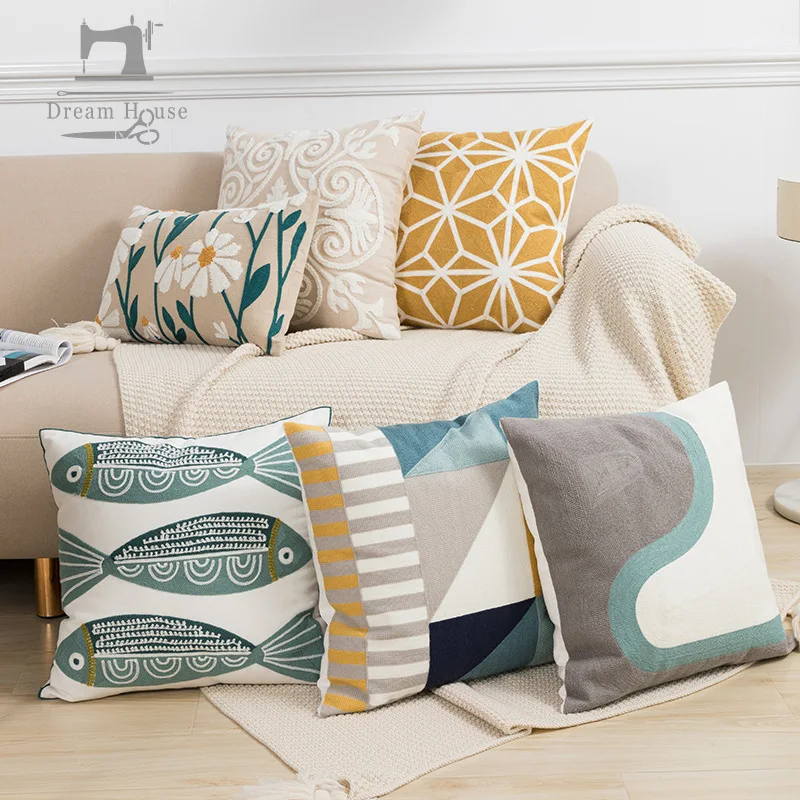 

Embroidered Pillow Case 45x45/30X50cm Home Decor Cushion Cover Fish Geometric Pillow Cover Soft Cozy Hotel Living Room Decor