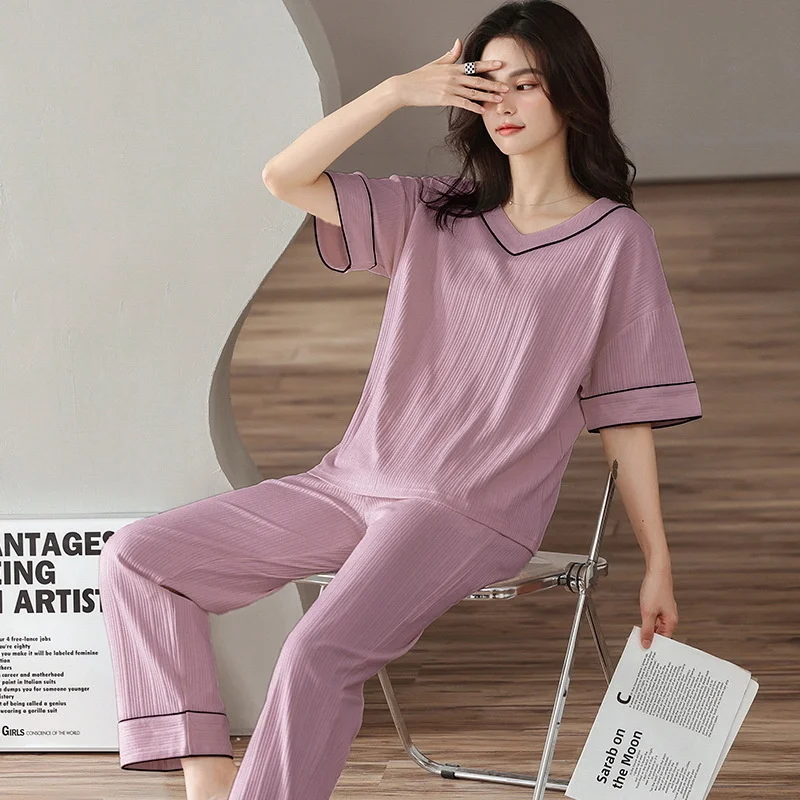 pajamas women's spring  summer short sleeved trousers cotton simple  natural solid color loose  home clothes suit