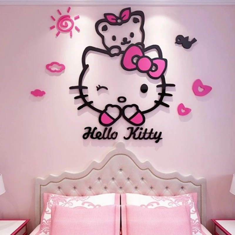 

Прикроватный декор в стиле аниме Hellokitty для девочек, 3D стерео наклейки на стену для гостиной, акриловая нашивка, подвесные украшения, детские подарки