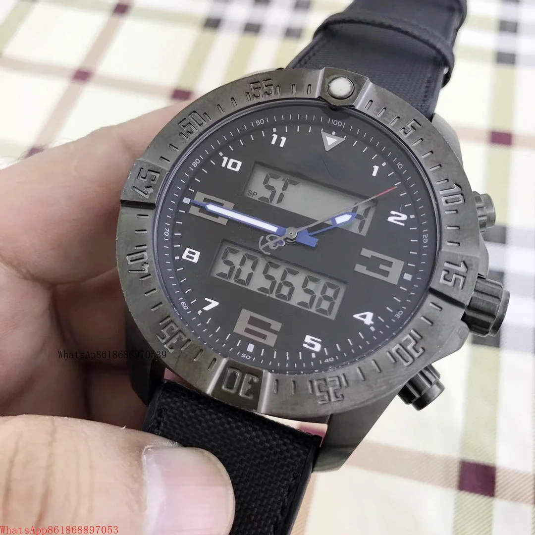 

Black Blue rubber Digital Dual Time Display mens Full Black Carbon Fiber watch