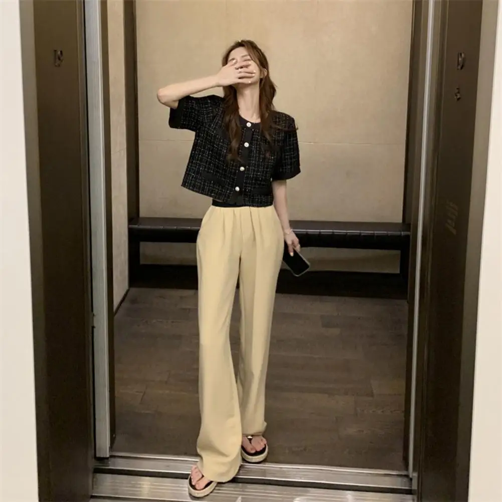 

Women Jacket Short Sleeve Lady Coat Style Check Print Summer Coat Loose Single-breasted Lady Prom Jacket Chic Trendy Elegant