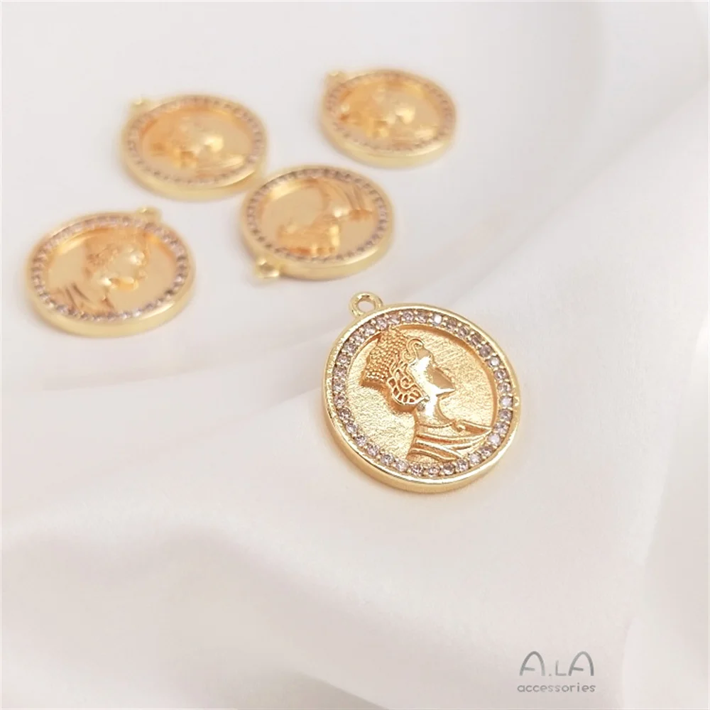 

14K gold clad cast copper with zirconia coin queen head round pendant diy string necklace tag pendant