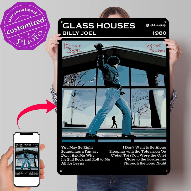 Фото Постер с 3D-текстурой обложки альбома Билли Джоела «Glass Houses», винтажная металлическая табличка на заказ для декора стен и дома №1