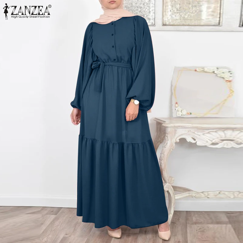 Women Casual Belted Jilbab Sundress ZANZEA Elegant Long Puff Sleeve Muslim Shirt Dress Oversized Hijab Caftan Islamic Clothing