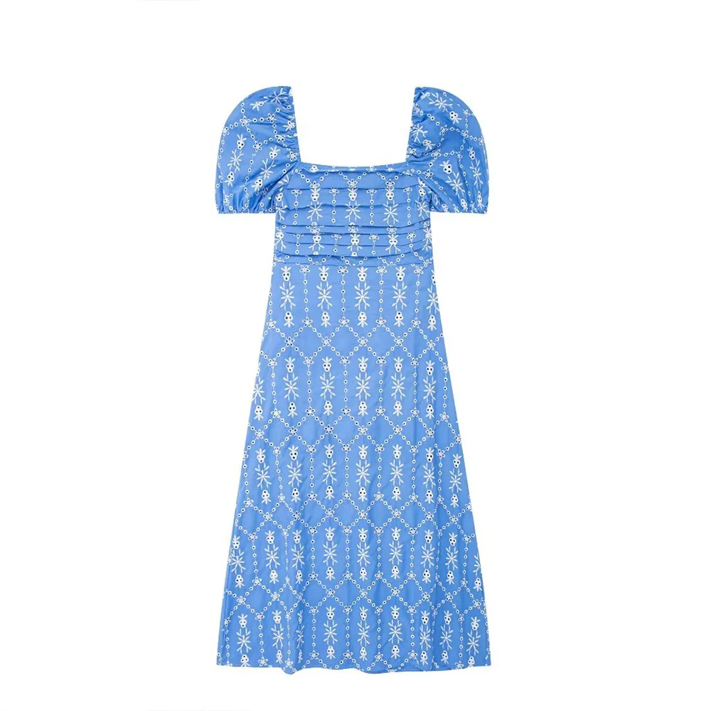 

PB&ZA summer new women's fashion square neck chic bubble sleeve temperament slim embroidery dress