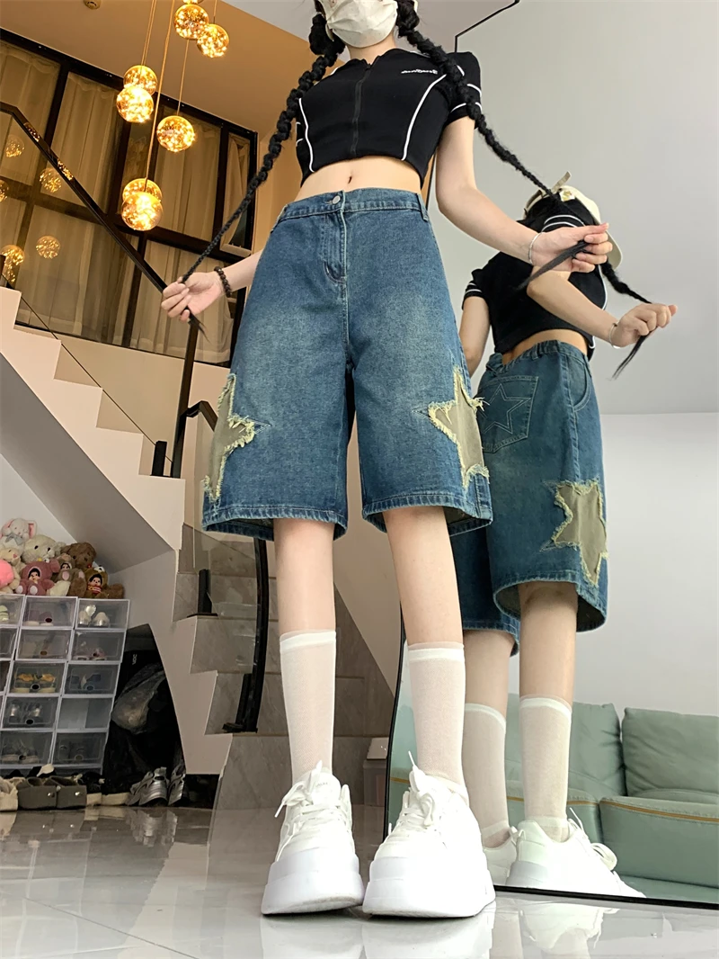 Женские винтажные джинсовые шорты со звездами уличная одежда до колена 2000s Y2k в