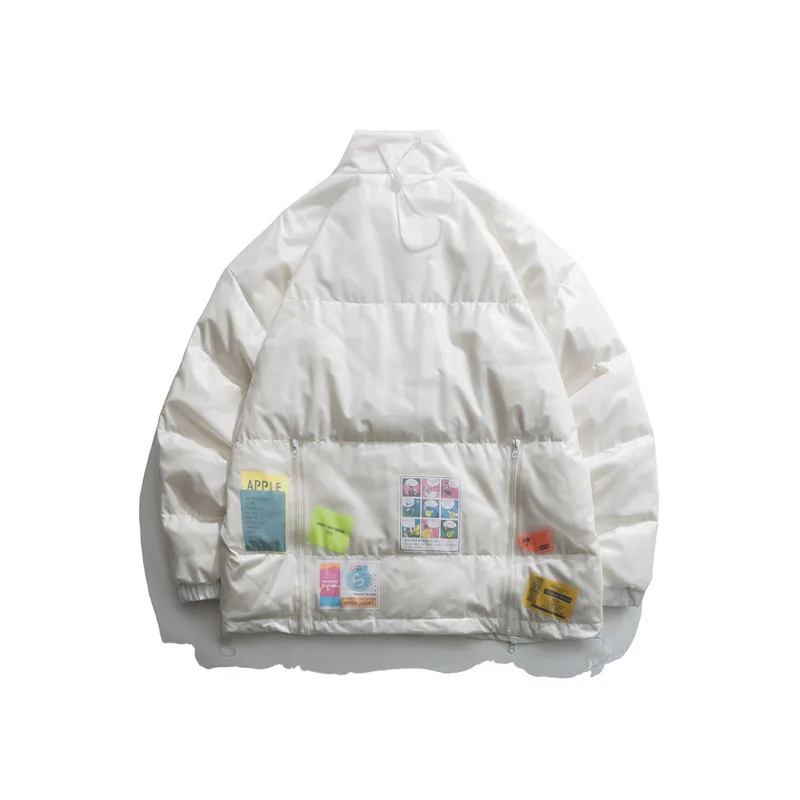 Men Hip Hop Oversize Padded Bomber Jacket Unisex Transparent DIY Decorative Label Parka Harajuku Winter Down Jacket Coat Outwear